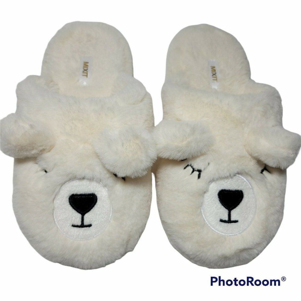 MIXIT Bear‎ Slippers Girls Size 5-6 Ivory Cream Plush Very Soft Slip On GUC
